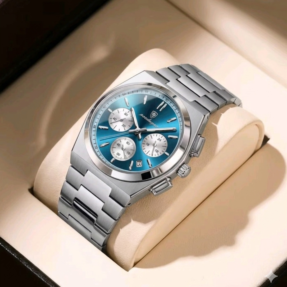 Silver watch with a blue face on a beige cushion