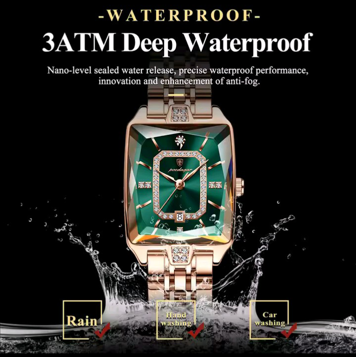 Luxury watch with green face and rose gold band, featuring waterproof text and water splash graphics on a black background.