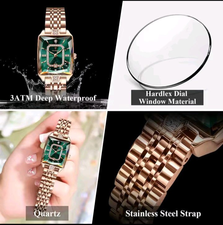 Collage of a gold watch with green face, highlighting features like waterproof rating, dial material, movement type, and strap material.