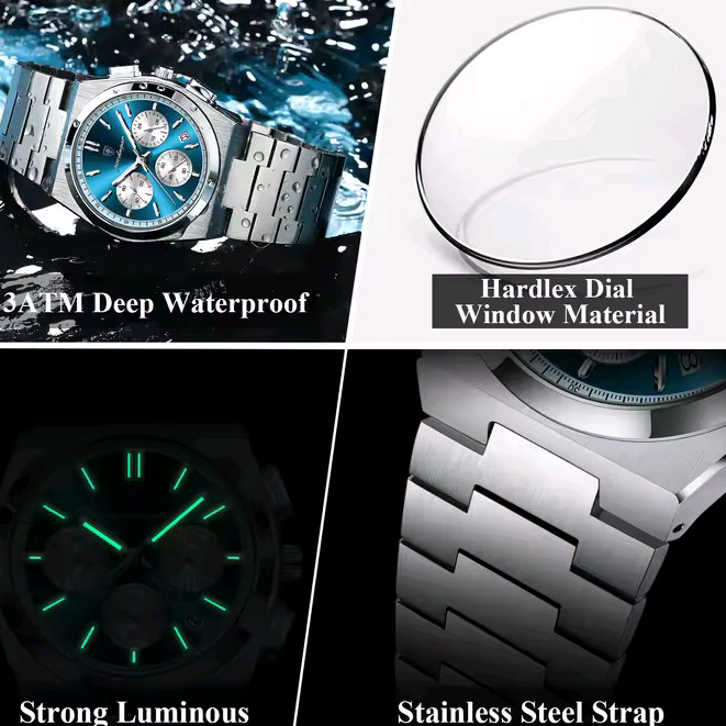 Watch product page with features and options on a black background